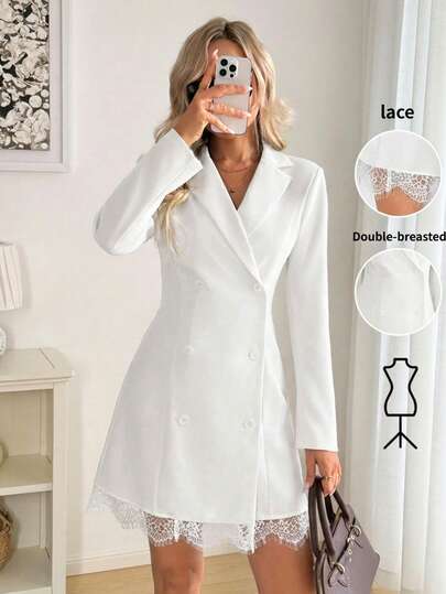 Easowa Vestido mini de mujer con estilo de blazer de manga larga, de doble botonadura, con dobladillo de encaje, adecuado para la oficina y el transporte