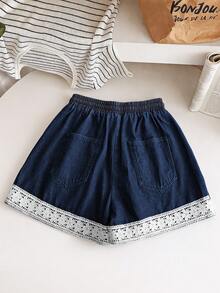 GlowEve Shorts Denim Vintage com Cintura Elástica e Cordão, Moda de Verão - Azul - Visão 2