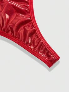 ROMWE Goth 3件套朋克铆钉系带文胸、丁字裤和渔网迷你裙性感内衣套装 - 紅色 - 查看 4