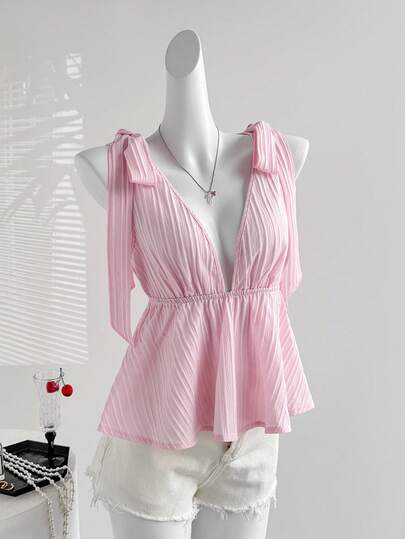 Sweetra Women's Elegant Vacation Camisole, Romantic V-Neck Bow Decor, Casual Versatile Pink Blouse
