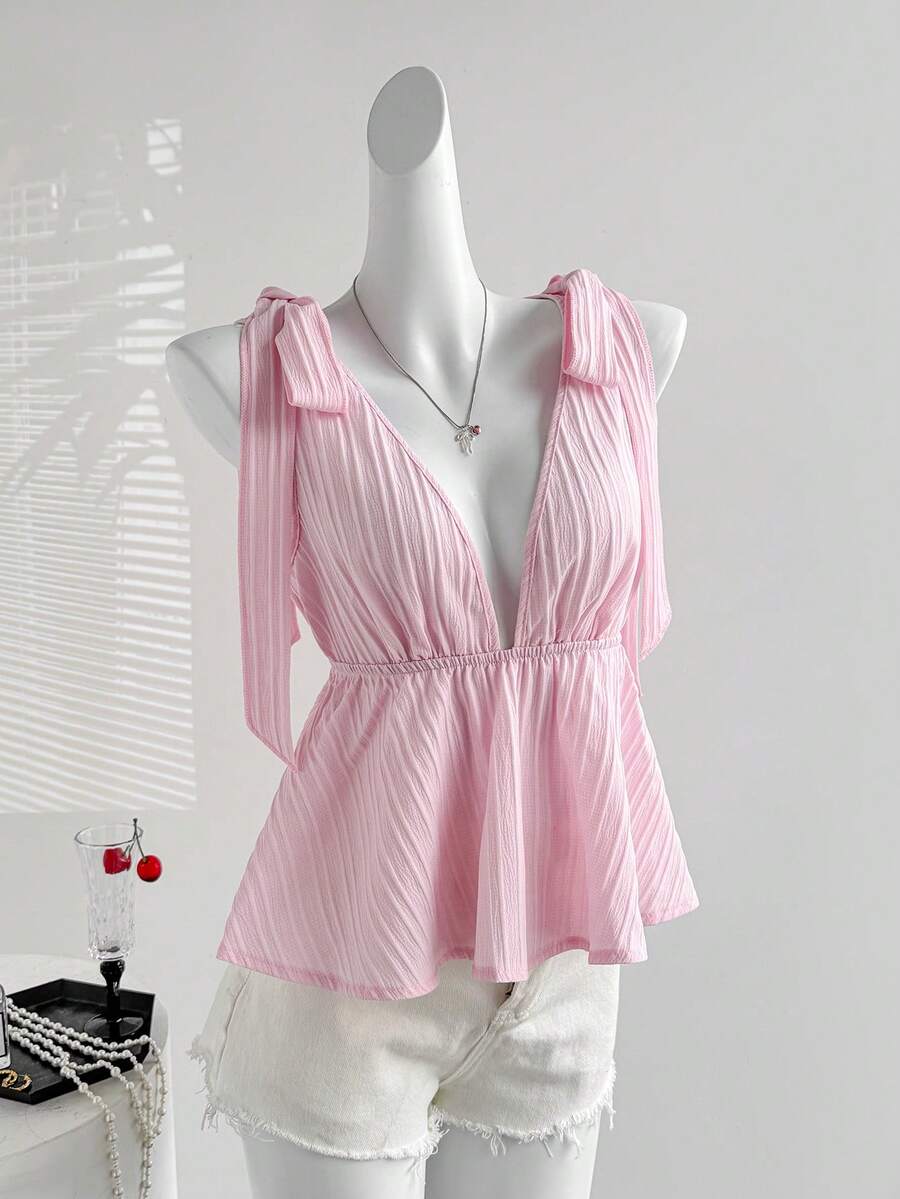 Sweetra Áo hai dây nữ thanh lịch cho kỳ nghỉ, cổ chữ V lãng mạn với nơ trang trí, áo kiểu hồng đa năng thoải mái. - Hồng - Xem 1