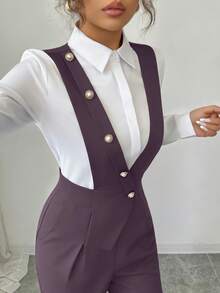 Elenzga Bộ jumpsuit nữ không tay, cổ chữ V, màu trơn, kiểu dáng thường ngày, thanh lịch, ống rộng. - Màu tím - Xem 4