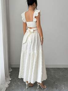 Elenzga 新款女士方领针织纹理优雅露背系带度假连衣裙 - 杏色 - 查看 2