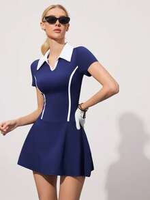 CourtClass Vestido Polo de Manga Curta Azul Marinho para Exercícios Esportivos e Golfe Feminino, Shorts Esportivos Femininos com Bolso para Celular, Conjunto de Golfe Feminino - Azul Marinho - Visão 3