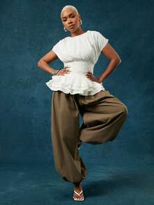 Vixey Solid Woven Round Neck Ruched Short Sleeve Layered Peplum Top - White - View 2