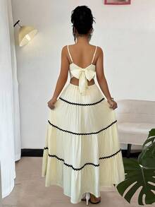 Rafferiza 女士优雅荷叶边层叠镂空露背系带连衣裙，适合度假和日常穿着 - 杏色 - 查看 2