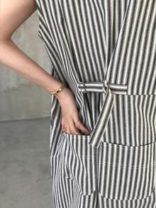 FRIFUL 女士时尚休闲条纹口袋无袖连体裤 - 黑色 - 查看 4