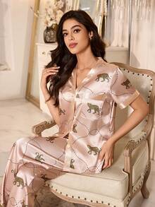 SHEIN Satin Leopard Print Short Sleeve Top And Pants Women Pajama Set, Spring/Summer/Autumn - Champagne - View 4