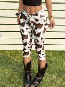 SHEIN EZwear 女士休闲百搭奶牛印花七分紧身裤，适合日常穿着 - 彩色 - 查看 7