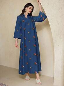 Al Najma 女士土耳其长款束腰外衣和阿拉伯传统长袍连衣裙，卡夫坦长袍和贾拉比亚长袍 - 藏蓝色 - 查看 4