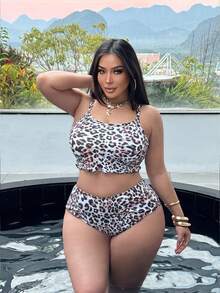 Swim SXY Costume da bagno bikini da donna taglie forti, 2 pezzi, con stampa leopardata, spalline sottili, sexy, adatto per vacanze al mare - Multicolore - Visualizzare 5
