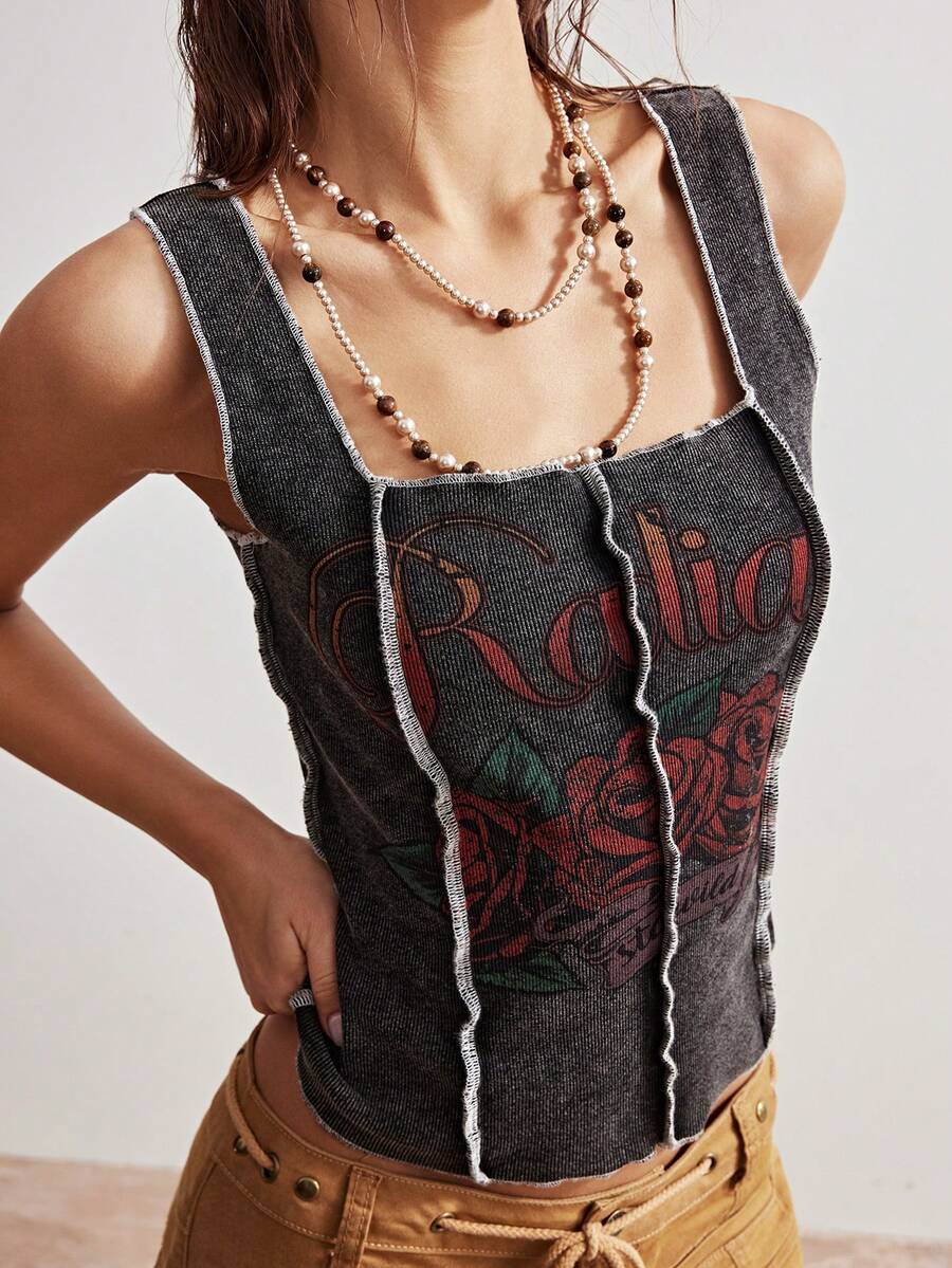 Bohemela 休闲针织印花女式背心 - 黑色 - 查看 1