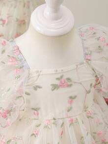 Cozy Pixies Baby Girl Summer Birthday Party Wedding Flower Girl Floral Embroidery Mesh Puff Sleeve Cinching Waist Dress - Multicolor - View 5