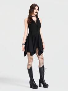 Breakform 女士哥特式性感深V领金属孔眼系带不对称下摆修身吊带迷你连衣裙 - 黑色 - 查看 4