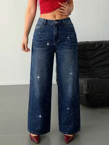 SHEIN Tall Women's Jeans Tall Women's Jeans Low Waist Loose Shiny Diamond Jeans Jeans Bling Jeans Baggy Women Jeans Low Rise Baggy Jeans Women Bottoms Sequin Pants Glitter Pants Tall Women Pants - Dark Wash - View 5