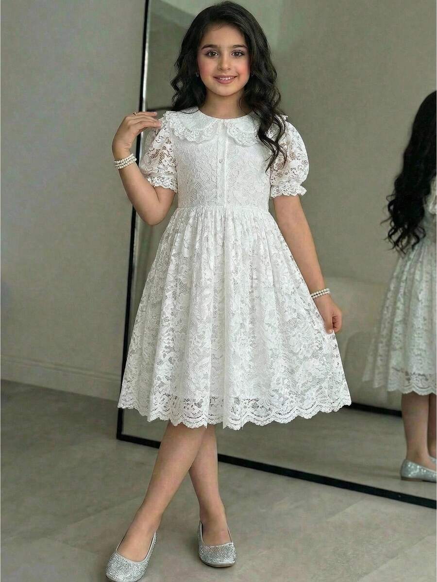 SHEIN 少女春夏时尚优雅娃娃领泡泡袖蕾丝网纱A字连衣裙，白色蛋糕裙，适合春夏度假、节日、正式场合、派对、生日、日常穿着、家庭聚会和特殊场合，可爱、优雅、复古时尚。可与妈妈、女儿和姐妹同款。 - 白色 - 查看 1