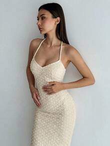 Aloruh Đầm maxi nữ thanh lịch màu mơ chấm bi dệt jacquard hở lưng, trang phục mùa hè, đầm maxi đi biển buộc dây, trang phục nghỉ mát đi biển cho nữ, phong cách Bohemian. - Màu be - Xem 3