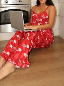 Lip Print Camisole Top And Pants Women Pajama Set - Red - View 5