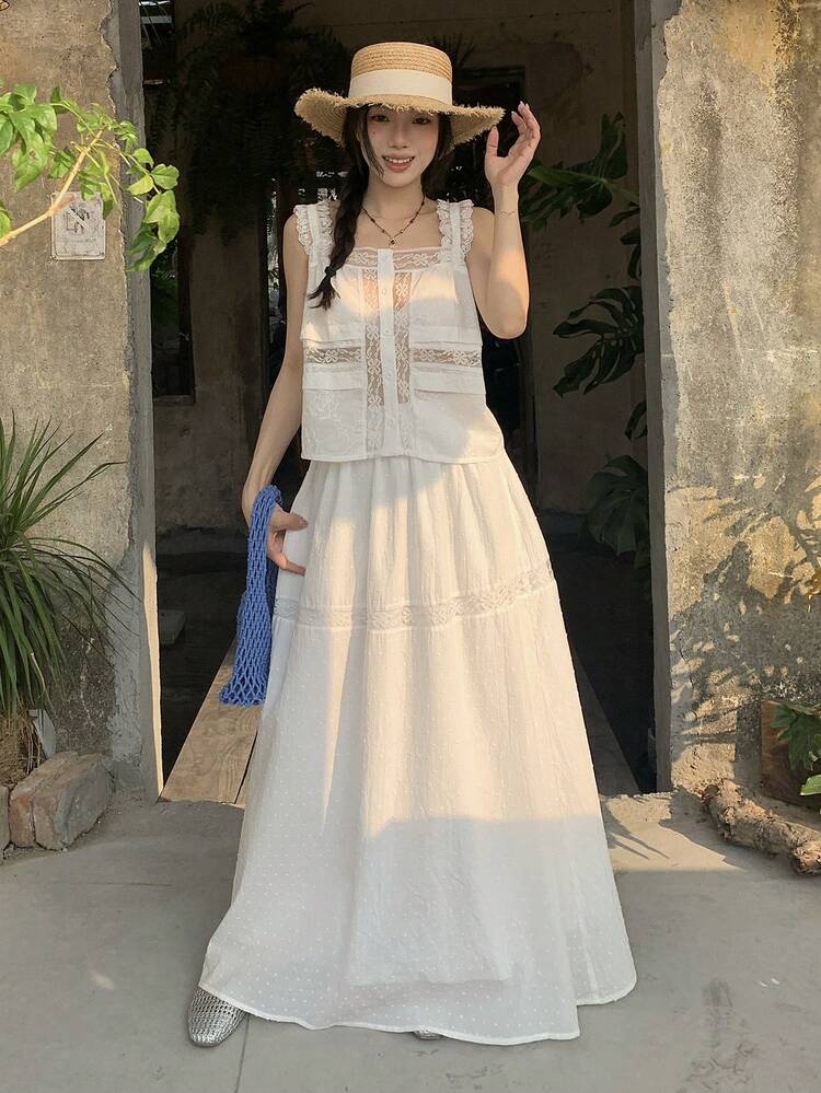 2pcs/Set Women's Casual Vacation White Cotton Sleeveless Top And Skirt Set, Spring/Summer