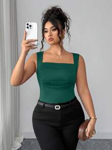 Elenzga Plus Size Women's Fashionable Solid Color Square Neck Camisole Top - Dark Green - View 3