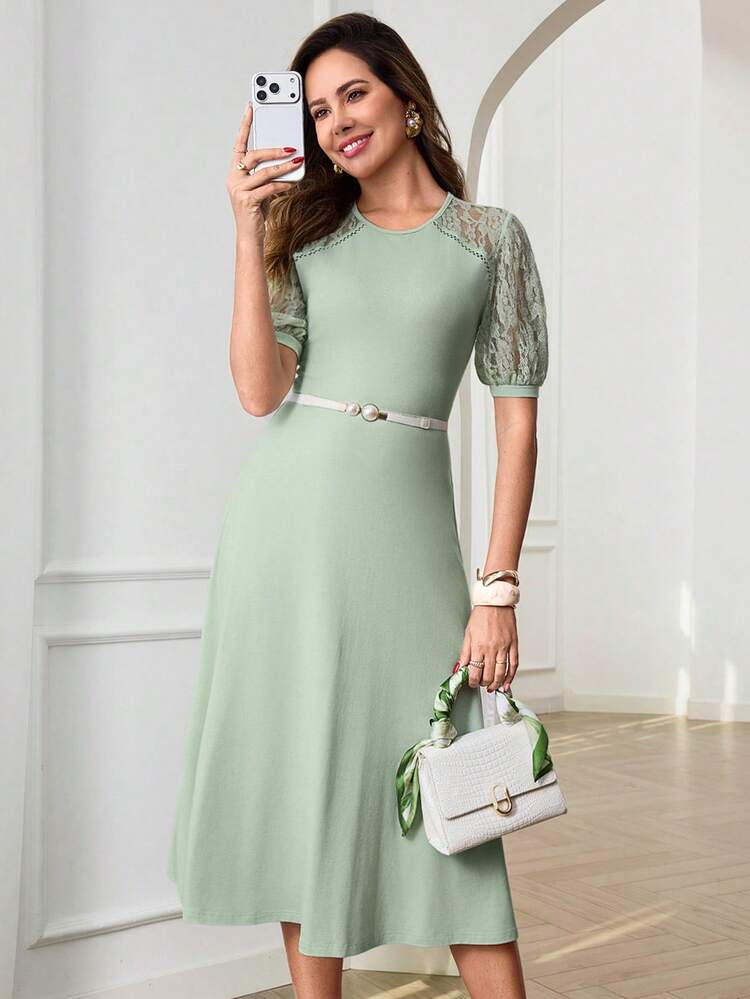 Elegant Mint Green Lace Sleeve Midi Dress For Women – Belted A-Line Dress With Floral Lace Detail, Perfect For Summer & Spring, Ideal For Wedding Guest, Party, Prom, Formal Events
