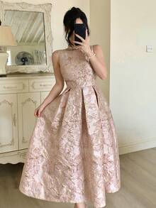 DAZY 女士优雅印花无袖中长连衣裙，夏季婚礼宾客礼服 - 粉色 - 查看 10