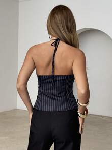 Siren Gaze Women's Casual Striped Print Halter Neck Top Women's Vintage Thin Striped Halter Top  Women's Vintage Thin Striped Halter Top | Slim Fit With Tailored Cut, Square Neck Design, Flattering For Vacation And Work, Versatile Tank Top Beaded Tops Beaded Halter Neck Striped Top Tube Top Halter Neck Top  Women's Vacation Striped Front Tie Sexy Halter Neck Camisole Women's Summer Solid Front Tie Halter Neck Crop Top Y2K Omen's Summer Stripe Single-Breasted Halter Neck Camisole Women's Casual Striped Halter Neck Tie Back Tank Top Graphic Tees Women Tops Striped Drawstring Tie Sexy Halter Neck Backless Tank Top For Women Halter Deep V-Neck Cinched Waist A-Line Backless Camisole Navy Blue Halter Tank Top Neck Sleeveless Backless Tank Tops Plaid Tie-Up Crop Vest Summer Shirts Streetwear Fashionable Versatile All-Match Beach Holiday, Spring/Summer,Summer Top - Royal Blue - View 5