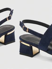 CUCCOO BIZCHIC Giày sandal mũi tròn màu xanh hải quân dành cho nữ, kiểu dáng thanh lịch kiểu Pháp, quai ngang dày, gót cao, phù hợp với váy mùa hè. - Màu xanh lam - Xem 8