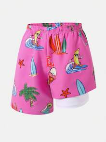 SHEIN Tween Boys' Casual Versatile Comfortable Coconut Tree & Ice Cream Print Loose Patchwork Lining Swim Trunks Beach Shorts,Kids - Pink - View 2