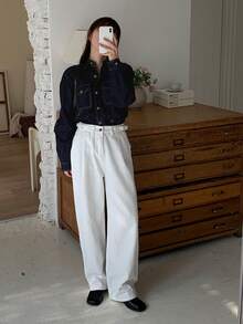 Livesso 女士休闲牛仔衬衫，翻领，大口袋 - 深色水洗藍 - 查看 3