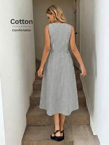 Easowa Robe mi-longue à taille froncée et coupe évasée, rayures bleues et blanches, sans manches. Décontractée, élégante pour les vacances, en coton respirant. - Noir et Blanc - Voir 2