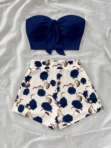Soleia Set de top bandeau de unicolor y shorts estampados para mujer, 2 piezas - Azul - Ver 5