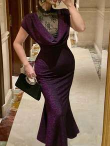 DAZY Đầm dài nữ thanh lịch, cổ xếp ly, tay ngắn, dáng đuôi cá, phối ren, kiểu dáng thanh lịch. - Màu tím - Xem 3