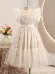 Tween-Mädchen Elegantes luxuriöses Tüll-Patchwork-Prinzessinnenkleid, geeignet für Geburtstagsfeiern, Hochzeiten, BlumenKleid - Aprikosenfarben - Übersicht 9