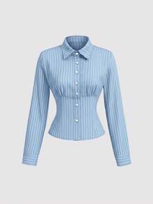 Sweetra Áo kiểu nữ thời trang, chất liệu vải có họa tiết, phối màu tương phản, cài cúc, ôm eo, cổ áo kẻ sọc, tay dài, tôn dáng. - Màu xanh lam - Xem 2