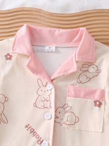 2pcs/Set Young Girl' Cute Rabbit Print Long Sleeve Top And Pants Comfortable Pajama Set, Apricot - Apricot - View 5