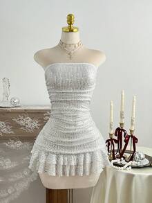 Elamini Đầm quây thời trang không dây vai, xếp ly đôi, màu trơn đính sequin dành cho nữ. - trắng - Xem 3
