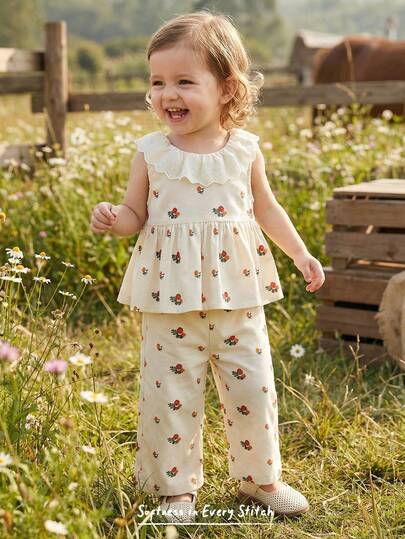 Cozy Pixies 2pcs Baby Girl Floral Print Crew Neck Sleeveless Top And Elastic Waist Pants Set