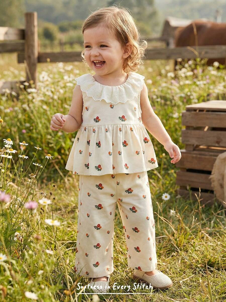Cozy Pixies 2pcs Baby Girl Floral Print Crew Neck Sleeveless Top And Elastic Waist Pants Set - Multicolor - View 1