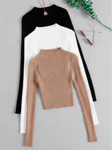 Set 3pz Lucia, blusa acanalado y manga larga con cuello circular. - Camel - Ver 1