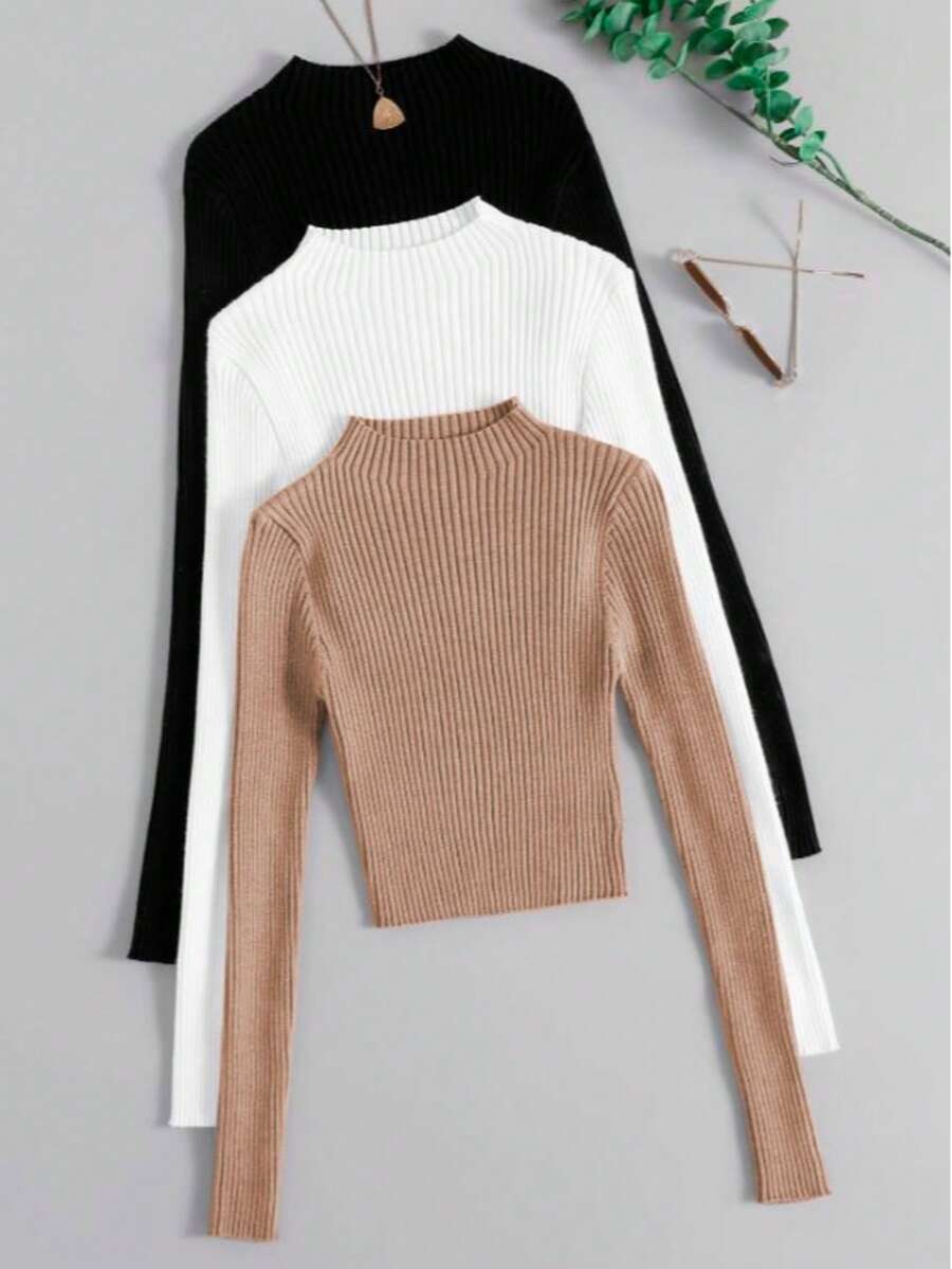 Set 3pz Lucia, blusa acanalado y manga larga con cuello circular. - Camel - Ver 1