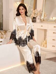 SHEIN 2pcs Women Elegant Satin Long Sleeve Pajama Set With Lace Trim, Suitable For All Seasons - Champagne - View 1
