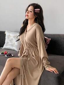 DAZY Women's Casual Loose Hooded Cinched Waist Long Robe - Khaki - View 6
