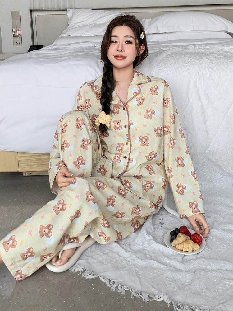 Bear Print Contrast Trim Women Pajama Set