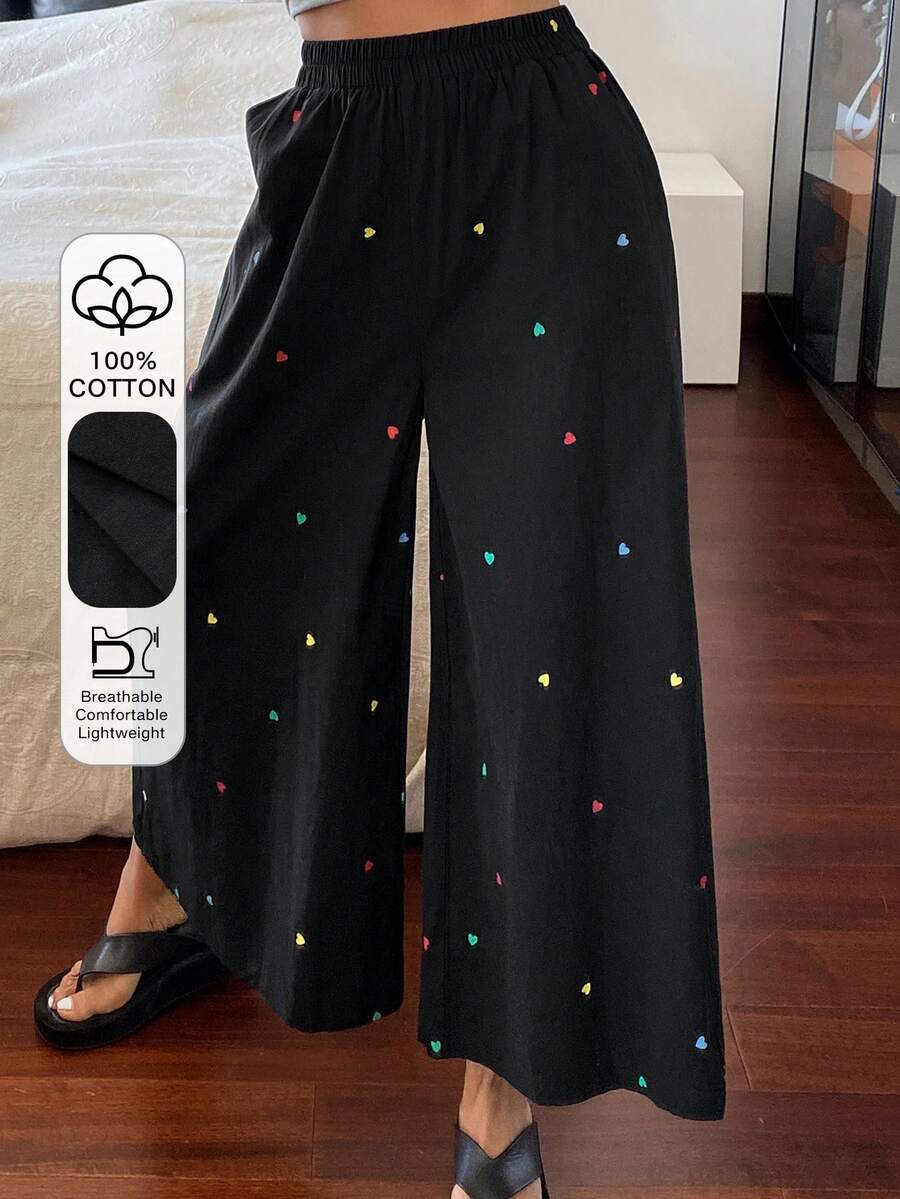 DAZY Heart Print Wide Leg Capri Pajama Pants For Women - Black - View 1