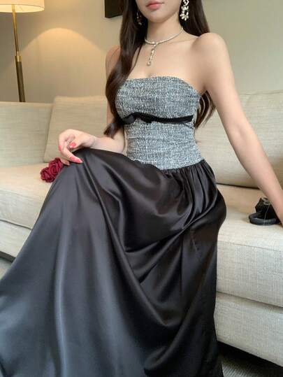 DAZY Black Plaid 2 In 1 Patchwork Satin Bustier Dress With Bow Decor, Suitable For Valentine's Day, Wedding, Party, Prom Summer Sundress
