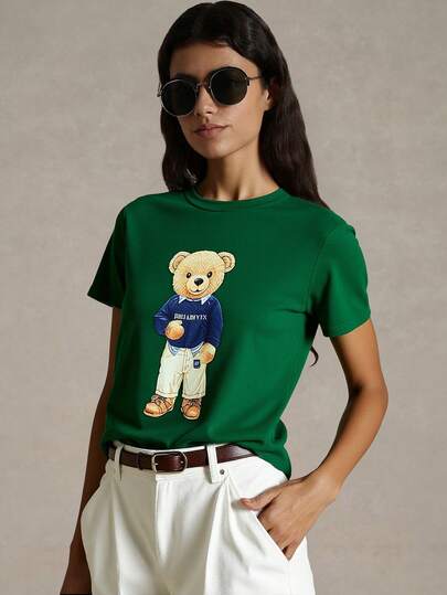 Briarwyn Summer Women's Bear Print Round Neck Short Sleeve T-Shirt,Summer Outfits,Suitable For Work And Daily Commute