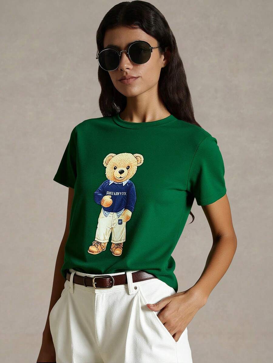2026 New Arrive Summer Women's Bear Print Round Neck Short Sleeve T-Shirt,Summer,Suitable For Work And Daily Commute/ St Patrick/ Green - Green - View 1