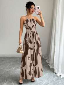 Elenzga Vestido de línea A asimétrico con estampado, cuello halter, hombros abiertos y cintura retorcida, elegante para mujer, color negro y blanco, primavera/verano - Marrón - Ver 4