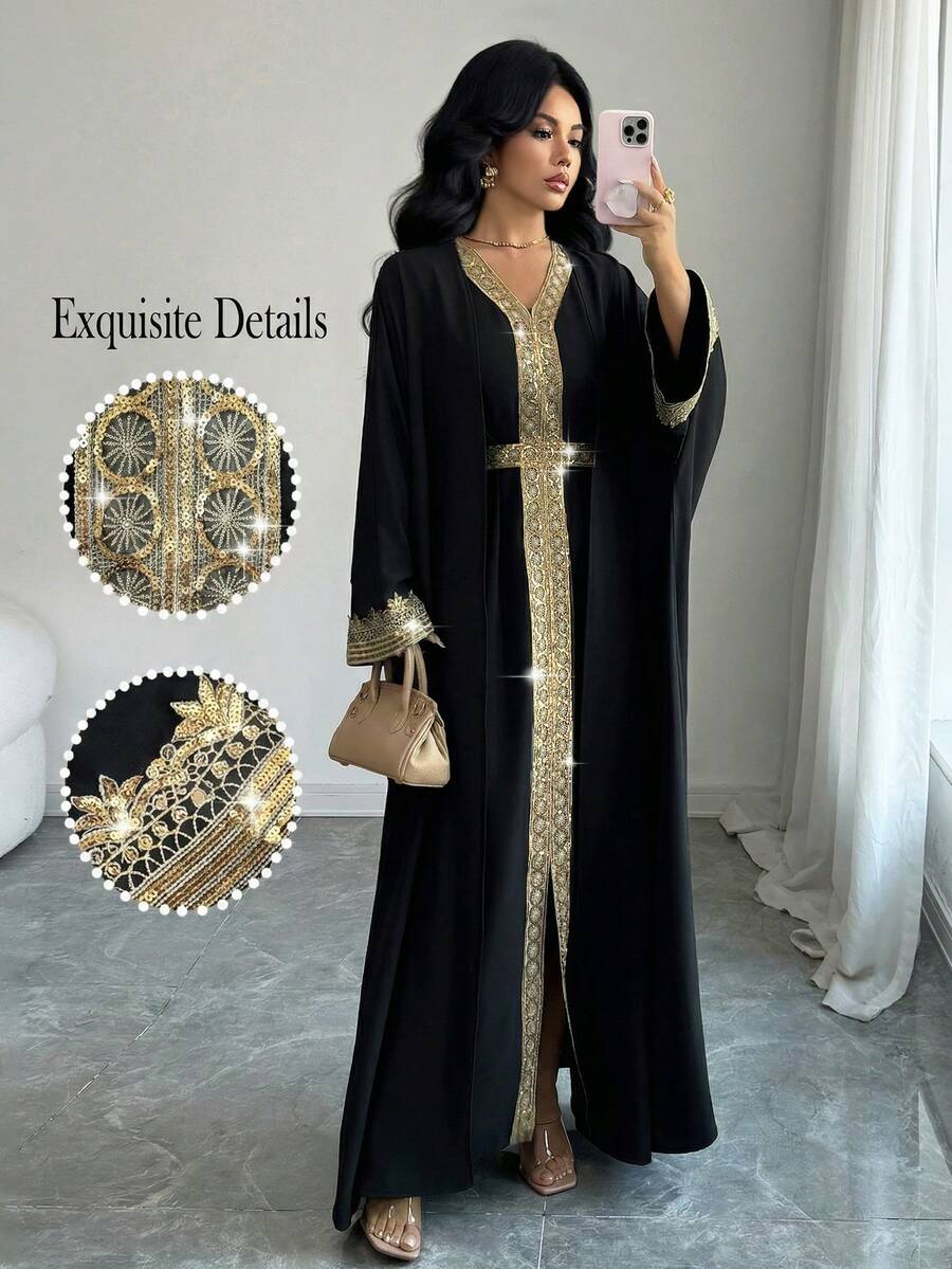 Elenzga Women's Casual Green Lace Patchwork Sleeveless Dress With Loose Outer Robe, 2 Pieces Set, Early Spring - Black - View 1
